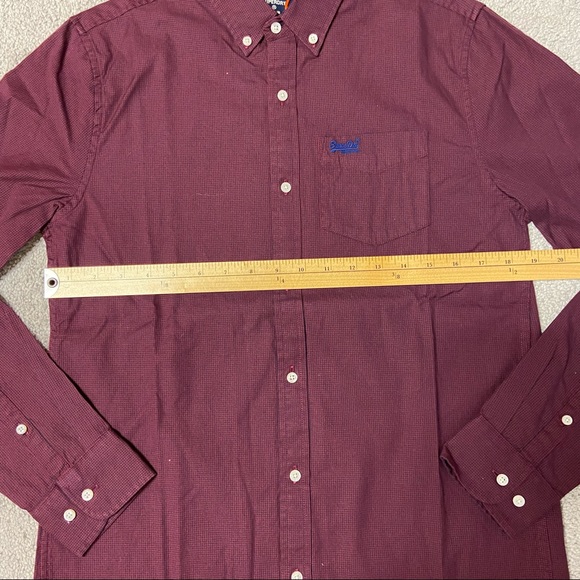 New SUPERDRY Men’s Classic University Oxford S L/S Shirt Burgundy Mini Grid Sz S - Picture 10 of 11